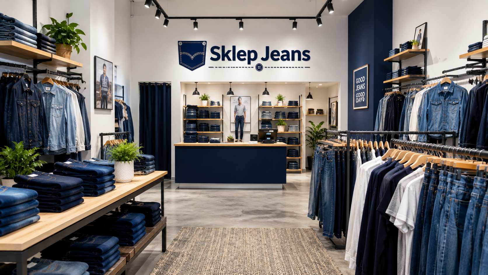 Wnętrze sklepu Sklep Jeans'u w Częstochowie — stoisko z jeansami i odzieżą